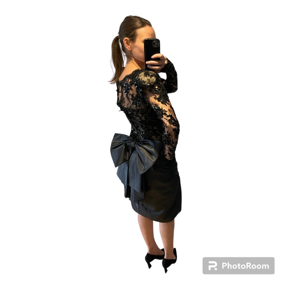 Victor Costa Black Lace & Sequin Cocktail midi formal Dress with Bow